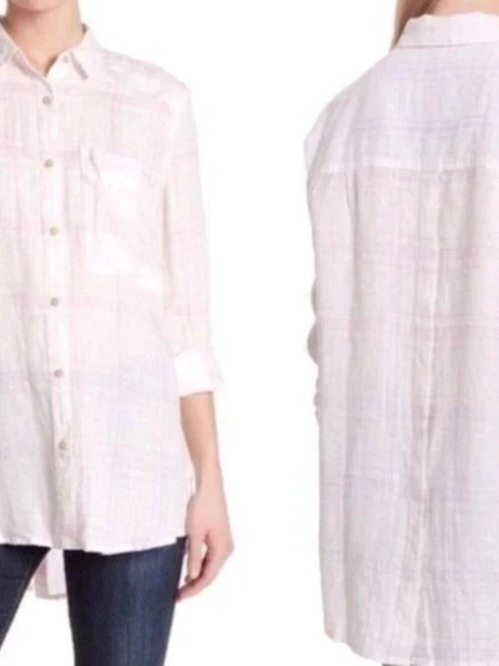 Free People No Limits 100% Linen Plaid Oversized Button Down Top Size Medium - Picture 10 of 10